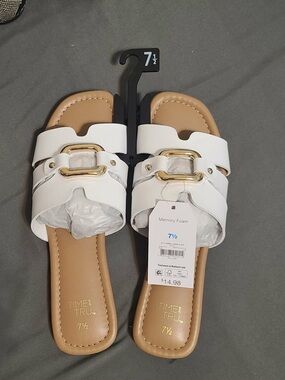 Time and Tru White Slide Sandals with Gold Buckle Detail